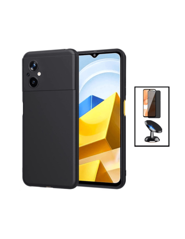 Kit Película de Vidro 5D Anti-Spy + Capa Silicone Líquido + Suporte Magnético de Carro para Xiaomi Poco M5 - Preto