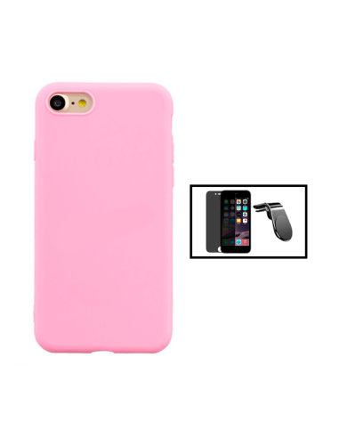 Kit Película de Vidro 5D Anti-Spy + Capa Silicone Líquido + Suporte Magnético L Safe Driving Carro para iPhone SE 2022 - Rosa