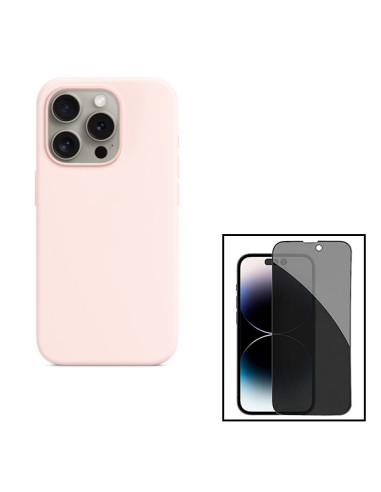 Kit Película de Vidro 5D Anti-Spy + Capa Silicone Líquido para Apple iPhone 15 Plus - Rosa