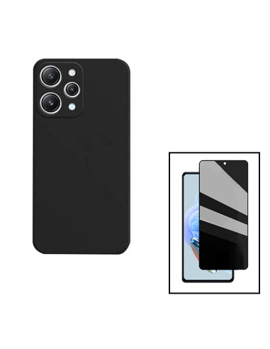 Kit Película de Vidro 5D Anti-Spy + Capa Silicone Líquido para Xiaomi Redmi 12 5G - Preto