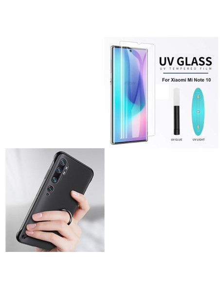 Kit Película de Vidro Nano Curved UV + Capa Naked Bumper + Suporte Magnético de Carro para Xiaomi Mi Note 10 - Preto