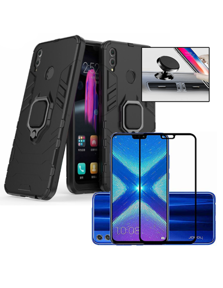 Kit Película de Vidro Temperado 5D Full Cover + Capa 3X1 Military Defender + Suporte Magnético de Carro para Huawei Honor 8X