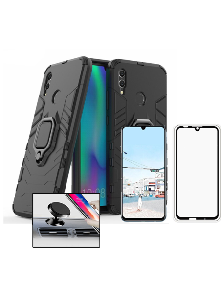 Kit Película de Vidro Temperado 5D Full Cover + Capa 3X1 Military Defender + Suporte Magnético de Carro para Huawei P Smart 2019