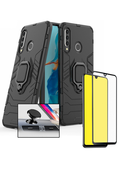 Kit Película de Vidro Temperado 5D Full Cover + Capa 3X1 Military Defender + Suporte Magnético de Carro para Huawei P30 Lite