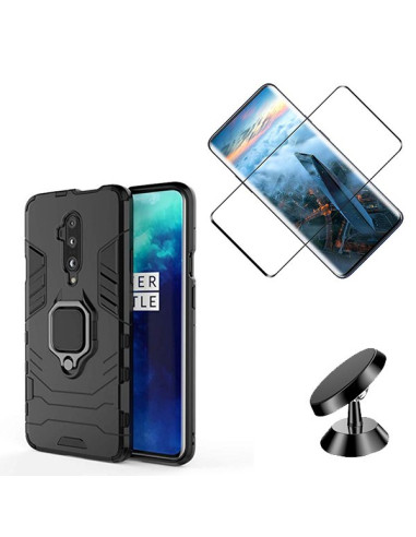 Kit Película de Vidro Temperado 5D Full Cover + Capa 3X1 Military Defender + Suporte Magnético de Carro para onePlus 7T Pro