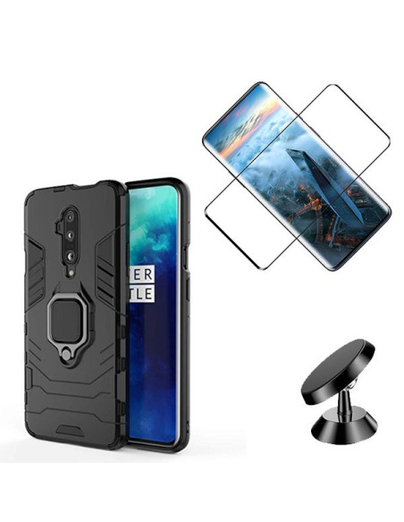 Kit Película de Vidro Temperado 5D Full Cover + Capa 3X1 Military Defender + Suporte Magnético de Carro para onePlus 7T Pro