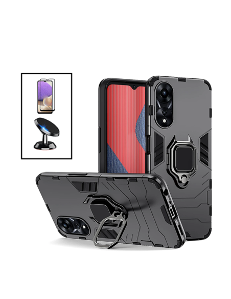 Kit Película de Vidro Temperado 5D Full Cover + Capa 3X1 Military Defender + Suporte Magnético de Carro para Oppo A58 - Preto