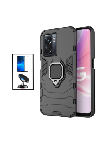 Kit Película de Vidro Temperado 5D Full Cover + Capa 3X1 Military Defender + Suporte Magnético de Carro para Oppo A77 - Preto