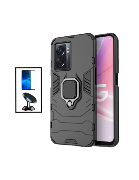 Kit Película de Vidro Temperado 5D Full Cover + Capa 3X1 Military Defender + Suporte Magnético de Carro para Oppo A77 - Preto