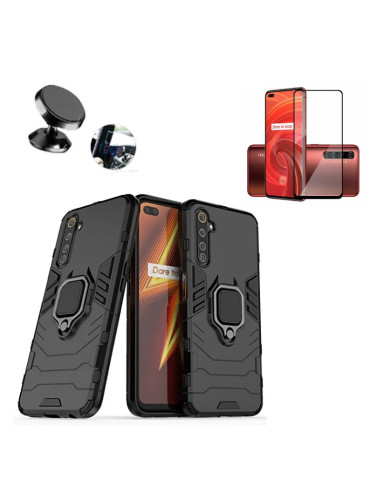 Kit Película de Vidro Temperado 5D Full Cover + Capa 3X1 Military Defender + Suporte Magnético de Carro para Realme X3 Zoom