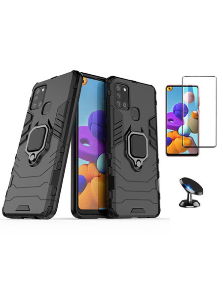 Kit Película de Vidro Temperado 5D Full Cover + Capa 3X1 Military Defender + Suporte Magnético de Carro para Samsung Galaxy A21s