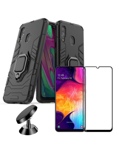 Kit Película de Vidro Temperado 5D Full Cover + Capa 3X1 Military Defender + Suporte Magnético de Carro para Samsung Galaxy A40