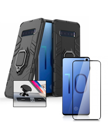 Kit Película de Vidro Temperado 5D Full Cover + Capa 3X1 Military Defender + Suporte Magnético de Carro para Samsung Galaxy S10