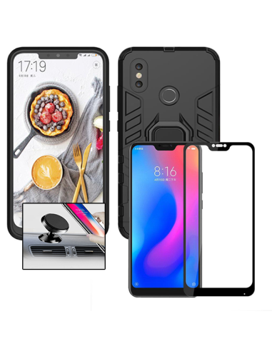 Kit Película de Vidro Temperado 5D Full Cover + Capa 3X1 Military Defender + Suporte Magnético de Carro para Xiaomi Mi A2 Lite