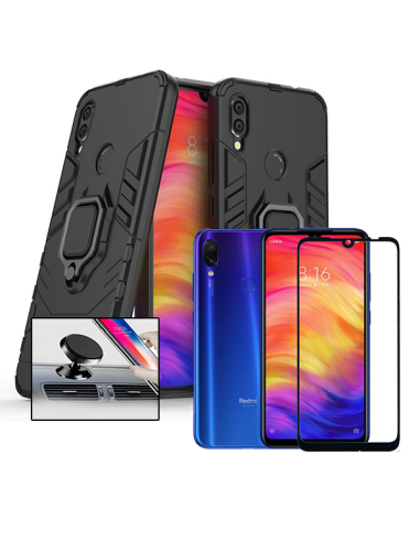 Kit Película de Vidro Temperado 5D Full Cover + Capa 3X1 Military Defender + Suporte Magnético de Carro para Xiaomi Redmi Note 7