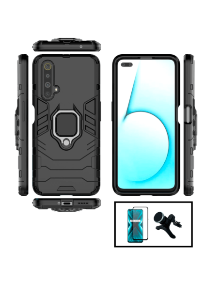 Kit Película de Vidro Temperado 5D Full Cover + Capa 3X1 Military Defender + Suporte Magnético de Carro Reforçado para Realme X3