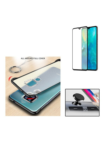 Kit Película de Vidro Temperado 5D Full Cover + Capa Naked Bumper + Suporte Magnético de Carro para Huawei Mate 20