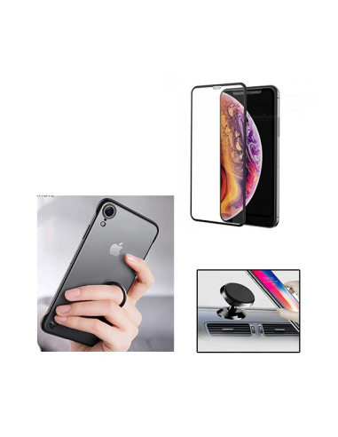 Kit Película de Vidro Temperado 5D Full Cover + Capa Naked Bumper + Suporte Magnético de Carro para iPhone XR