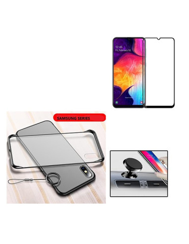 Kit Película de Vidro Temperado 5D Full Cover + Capa Naked Bumper + Suporte Magnético de Carro para Samsung Galaxy A40