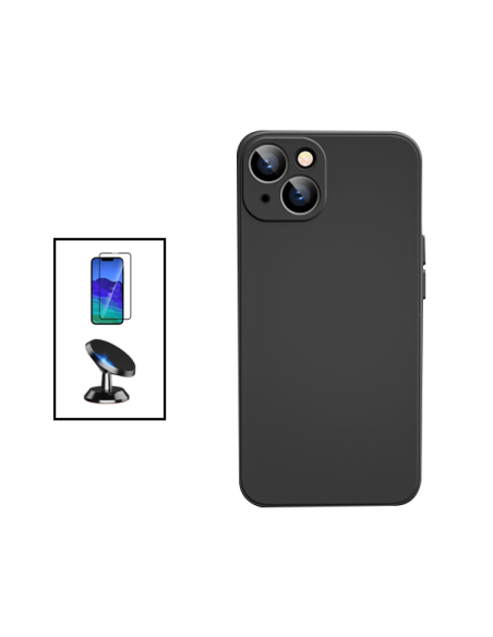 Kit Película de Vidro Temperado 5D Full Cover + Capa Silicone Líquido + Suporte Magnético de Carro para Apple iPhone 14 - Preto