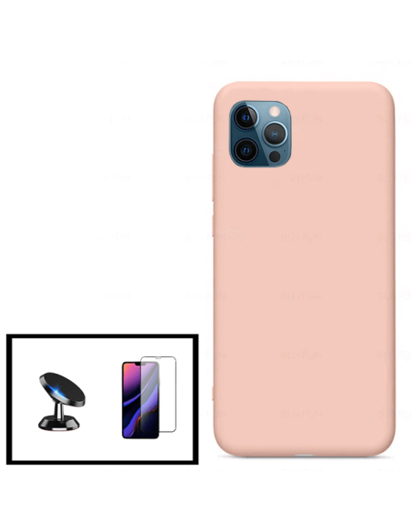 Kit Película de Vidro Temperado 5D Full Cover + Capa Silicone Líquido + Suporte Magnético de Carro para iPhone 11 Pro Max - Rosa