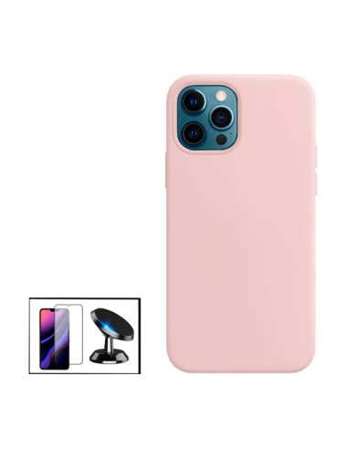 Kit Película de Vidro Temperado 5D Full Cover + Capa Silicone Líquido + Suporte Magnético de Carro para iPhone 13 - Rosa