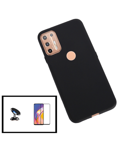 Kit Película de Vidro Temperado 5D Full Cover + Capa Silicone Líquido + Suporte Magnético de Carro para Motorola Moto G9 Plus