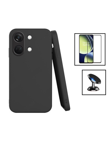 Kit Película de Vidro Temperado 5D Full Cover + Capa Silicone Líquido + Suporte Magnético de Carro para onePlus Ace 2V - Preto