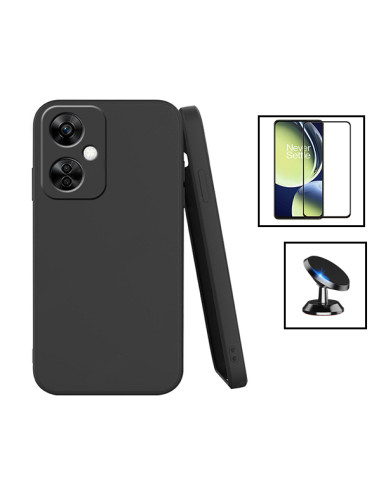 Kit Película de Vidro Temperado 5D Full Cover + Capa Silicone Líquido + Suporte Magnético de Carro para onePlus Nord N30 - Preto