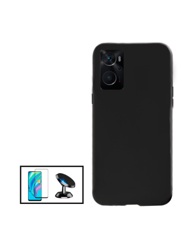 Kit Película de Vidro Temperado 5D Full Cover + Capa Silicone Líquido + Suporte Magnético de Carro para Oppo A36 - Preto