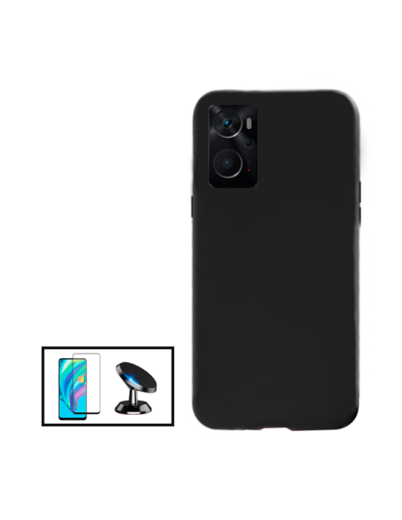 Kit Película de Vidro Temperado 5D Full Cover + Capa Silicone Líquido + Suporte Magnético de Carro para Oppo A36 - Preto