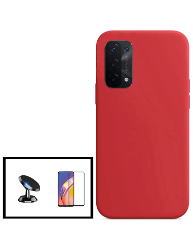 Kit Película de Vidro Temperado 5D Full Cover + Capa Silicone Líquido + Suporte Magnético de Carro para Oppo A55 5G - Vermelho