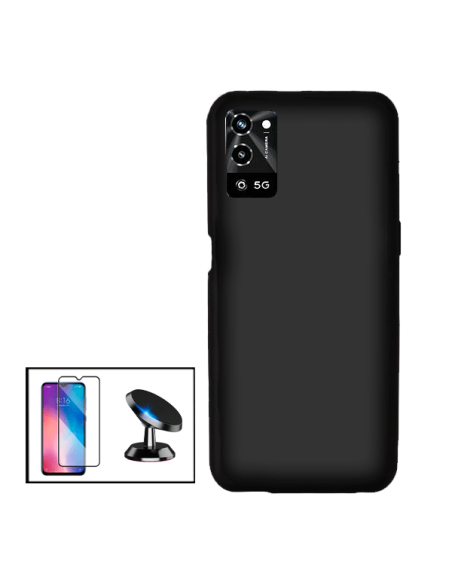 Kit Película de Vidro Temperado 5D Full Cover + Capa Silicone Líquido + Suporte Magnético de Carro para Oppo A56 5G