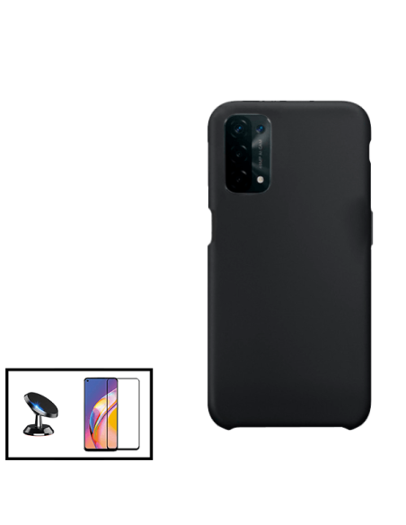 Kit Película de Vidro Temperado 5D Full Cover + Capa Silicone Líquido + Suporte Magnético de Carro para Oppo A74