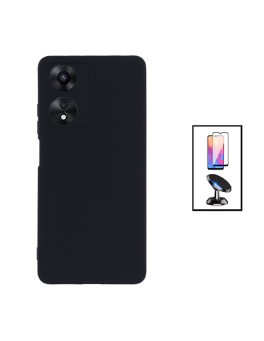 Kit Película de Vidro Temperado 5D Full Cover + Capa Silicone Líquido + Suporte Magnético de Carro para Oppo A78 - Preto