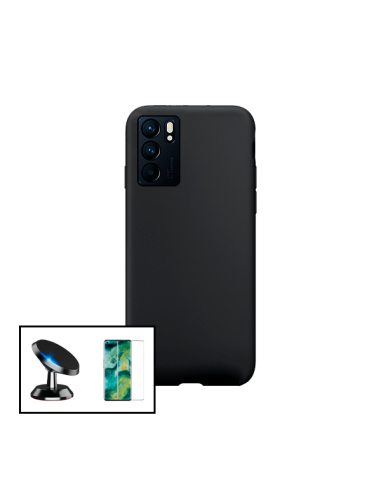 Kit Película de Vidro Temperado 5D Full Cover + Capa Silicone Líquido + Suporte Magnético de Carro para Oppo Reno6 5G