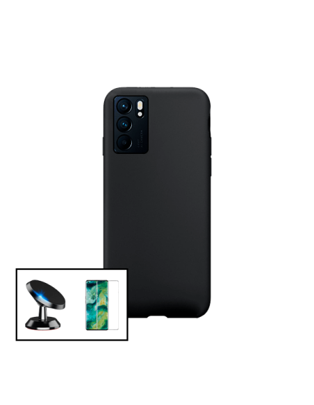 Kit Película de Vidro Temperado 5D Full Cover + Capa Silicone Líquido + Suporte Magnético de Carro para Oppo Reno6 Pro 5G