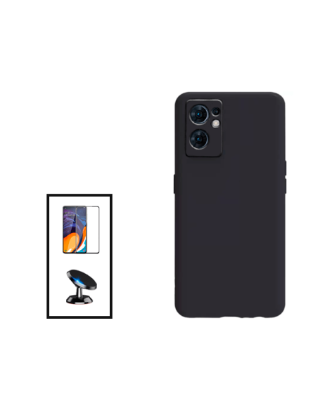 Kit Película de Vidro Temperado 5D Full Cover + Capa Silicone Líquido + Suporte Magnético de Carro para Oppo Reno7 SE 5G - Preto