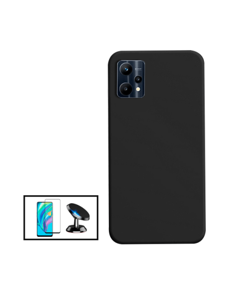 Kit Película de Vidro Temperado 5D Full Cover + Capa Silicone Líquido + Suporte Magnético de Carro para Realme 9 Pro - Preto