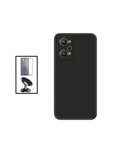 Kit Película de Vidro Temperado 5D Full Cover + Capa Silicone Líquido + Suporte Magnético de Carro para Realme GT Neo 3T - Preto