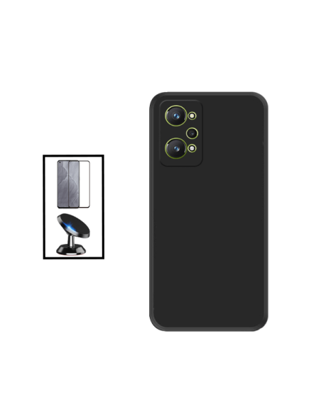 Kit Película de Vidro Temperado 5D Full Cover + Capa Silicone Líquido + Suporte Magnético de Carro para Realme GT Neo 3T - Preto