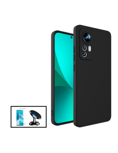 Kit Película de Vidro Temperado 5D Full Cover + Capa Silicone Líquido + Suporte Magnético de Carro para Xiaomi 12 Lite - Preto