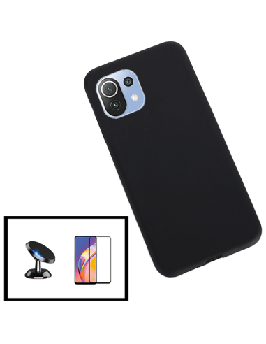 Kit Película de Vidro Temperado 5D Full Cover + Capa Silicone Líquido + Suporte Magnético de Carro para Xiaomi Mi 11 Lite 5G