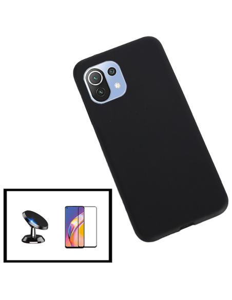 Kit Película de Vidro Temperado 5D Full Cover + Capa Silicone Líquido + Suporte Magnético de Carro para Xiaomi Mi 11 Lite 5G