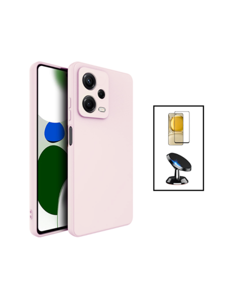 Kit Película de Vidro Temperado 5D Full Cover + Capa Silicone Líquido + Suporte Magnético de Carro para Xiaomi Poco X5 - Rosa