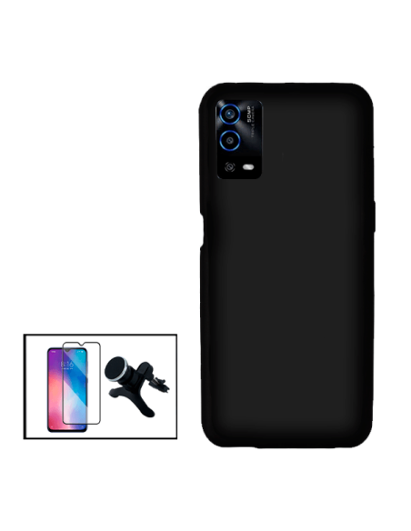 Kit Película de Vidro Temperado 5D Full Cover + Capa Silicone Líquido + Suporte Magnético de Carro Reforçado para Oppo A55