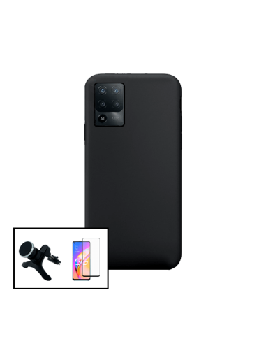 Kit Película de Vidro Temperado 5D Full Cover + Capa Silicone Líquido + Suporte Magnético de Carro Reforçado para Oppo A94