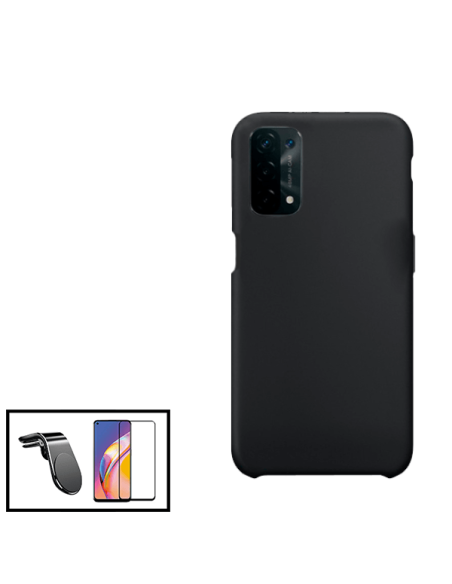 Kit Película de Vidro Temperado 5D Full Cover + Capa Silicone Líquido + Suporte Magnético L Safe Driving Carro para Oppo A16S