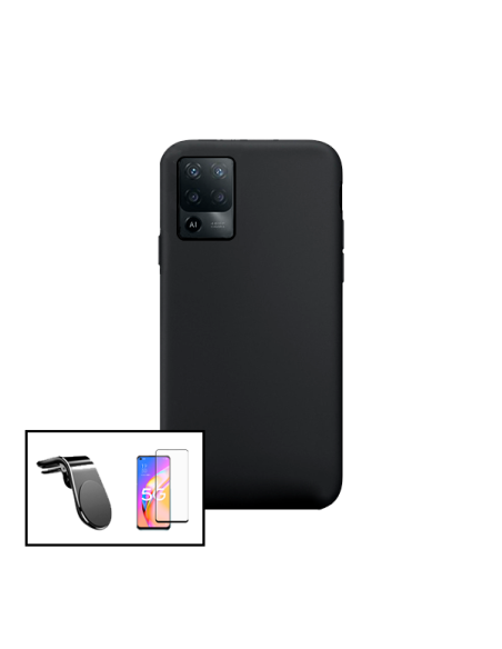 Kit Película de Vidro Temperado 5D Full Cover + Capa Silicone Líquido + Suporte Magnético L Safe Driving Carro para Oppo A94