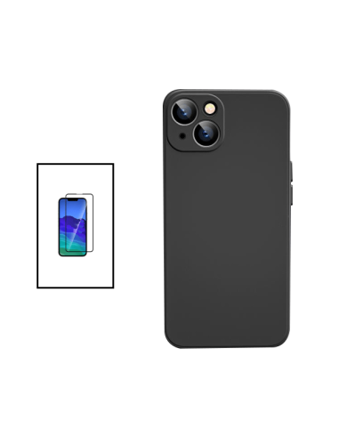 Kit Película de Vidro Temperado 5D Full Cover + Capa Silicone Líquido para Apple iPhone 14 Max - Preto